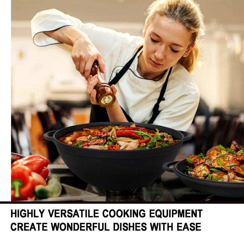 8,45 quart Braiser Pan WOK High-Quality Cast Iron with a Frying Pan Lid 2 in 1, Outdoor Cooking