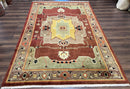 Tibetan Rug 7x10, Geometric Medallion, Red Green Taupe, Hand Knotted, Soft Wool Area Rug, Contemporary Carpet, Handmade Nepali Rug 7 x 10 ft