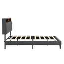 Modern Upholstered King-Size Platform Bed Frame with Button-Tufted Linen Headboard and USB Ports, Dark Grey