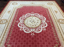 Aubusson Rug 9x12 ft, Red and Ivory Elegant Aubusson Carpet, Flatweave, Vintage Wool Handmade Area Rug 9 x 12, French European Design