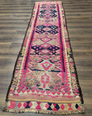 Turkish Runner Rug 3x10, Pink and Navy Blue, Bohemian Runner for Hallway or Kitchen, Vintage, Geometric, Tribal
