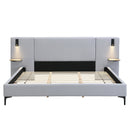 Chic Linen Upholstered Bed with Integrated Lights and Shelves, Grey, King