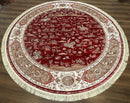 Large Round Turkish Silk Rug 8x8, Hunting Design, Dark Red & Ivory, Bamboo Silk