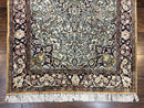 Silk Persian Qum Rug 4x5, Hand Knotted Vintage Carpet, Cream & Navy Blue, Silk Pile on Silk Foundation, Very Fine 360 KPSI