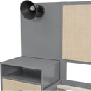 Queen Size Solid Wood Bed Frame with 2 Nightstands, Elegant Design with Lamps, Rattan and Wood Combination,Gray