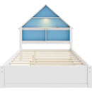 Full Size House-Shaped Bed with Bookcase Headboard and Led Light and Twin Size Trundle for Kids Boys Girls, Blue+ White