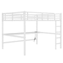 Metal Queen Size Loft Bed with Power Outlet and LED Lighted, Space-Saving, Noise Reduced, White