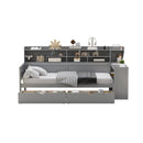 Wooden Twin Size Daybed with Storage Shelves, Multi-functional Bed with Two Storage Drawers and  Study Desk, Gray