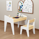 Kids Table Set with One Chair, Wooden Children Study Table, 2-8  Age Kids Funiture , White+Natural