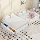 Full Size Wood Daybed with Fence Guardrails and 2 Drawers, Split into Independent Floor Bed & Daybed, White