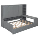 Full Size Wooden Daybed With Three Drawers, and All-in-One Cabinet, Desk and Shelves, Gray