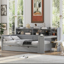 Wooden Twin Size Daybed with Storage Shelves, Multi-functional Bed with Two Storage Drawers and  Study Desk, Gray