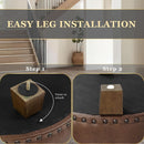 Round Storage Ottoman With Nailhead-Trim Brown Faux Leather