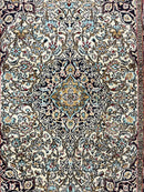 Silk Persian Qum Rug 4x5, Hand Knotted Vintage Carpet, Cream & Navy Blue, Silk Pile on Silk Foundation, Very Fine 360 KPSI