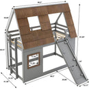 Cozy and Fun Wood Twin Size House Bunk Bed with Window Roof Shape Design with Ladder and Climbing Ramp, Brown+Gray