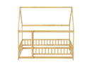 Full Size House Floor Wooden Bed with Roof Frame, Safety Guardrails,Natural