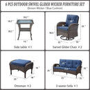 Six Piece Patio Conversation Set Brown Wicker Blue Cushions