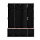 [Assembly Video Provided] Farmhouse Hall Tree with 4 Hidden Hanging Hooks, Versatile Walnut Seating Bench with 8 Doors, Entryway Shoe Cabinet with Open Compartments for Living Room, Black