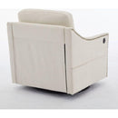 cream white fabric swivel rotating accent chair with USB and magazine book for living room and hotel bed room