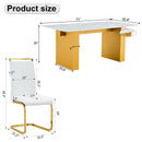 Table and chair set.Large modern rectangular table with 0.4 inch patterned glass tabletop and large MDF table legs.Comes with 8 chairs with faux leather cushioned seats and golden metal legs.