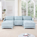 Elegant Sky Blue Three-Seater Sofa with Ottomans and Lumbar Pillow, Chenille Fabric, High-Resilience Sponge, Wooden Base