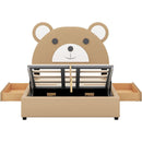 Full Size Upholstery Platform Bed Frame with Cute Bear Shaped Headboard and Two Storage Drawers,Brown