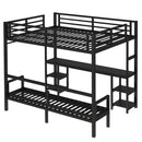 Queen Over Twin XL Metal Bunk Bed/Loft Bed with Desk and Shelves, Multiple Uses Folds into Sofa with LED and USB, Black
