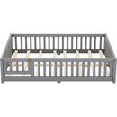 Full Size Bed Floor Bed with Safety Guardrails and Door for Kids, Gray