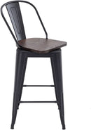 26 Inch Swivel Bar Stools Set Of 4 With Large Wooden Seat Matte Black High Back Design