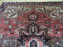Persian Heriz Rug 8x12 Semi Antique Heriz Carpet, Room Sized Persian Carpet, Geometric Medallion, Wool, Hand Knotted, Red Ivory Dark Blue
