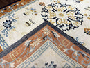 Indo Chinese Rug 9x12, Asian Oriental Carpet 9 x 12, Cream & Burnt Orange, Handmade Wool Vintage Art Deco Rug