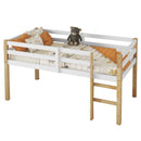 Solid Wooden, Rubber Wooden Twin Loft Bed with Ladder, Bed Platform of Strengthened Slats,Natural-white