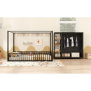 Full Size Floor Bed Frame with Wardrobe, Metal floor Bed with Storage Shelves, Black