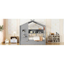 Wooden Twin Size House Bed With Trundle, Modern Design for Kids with Storage Shlef, Gray