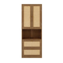 Full Size Solid Wood With Rattan Murphy Bed Cabinet Space-Saving Bed with 1 Side Cabinet Storage Shelf, Perfect for Guest Room, for Bed Room, Guest Room, Home Office, Walnut