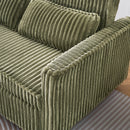 The pull-out and push-in green corduroy sofa with dual functions, equipped with a movable tabletop and USB ports, is suitable for use in living rooms and bedrooms.