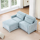 Elegant Two-Seater Sofa with Ottoman and Lumbar Pillows in Sky Blue Chenille, High-Quality Wood and Sponge