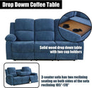 Blue Linen Recliner Sofa Set With Drop Down Table Storage