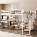 Full Size Metal Loft Bed with Staircase,Low Storage Table and Storage Shelves,White