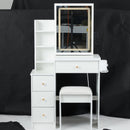 29.2' Small Size Left Bedside Cabinet Vanity Table + Cushioned Stool, 2 AC+2 USB Power Station, Hair dryer bracket, Extra Large Touch Control Sliding LED Mirror, Tri-color Switching, Brightness Adjust