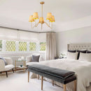 28 Inch Rattan Chandelier Antique Brass Five Light Pendant With Flower Shade Lamps