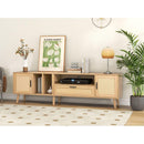 Rattan TV Stand with 2 Cabinets & 2 Open Shelves, Rattan-inspired Media Console Table for TVs up to 80", Entertainment Center with Solid Wood Legs, TV cabinet for Living room, Bedroom, Home Theatre
