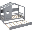Wooden Twin Size House Bed With Trundle, Modern Design for Kids with Storage Shlef, Gray