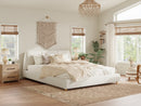 King Size Modern Upholstered Bed Frame with Linen Fabric and Solid Wood Legs, White