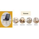 6 modern dining chairs, sleek PU backrest, and silver metal legs bring a comfortable home experience to the kitchen, bedroom, and office.Black PU Chairs with Simple Line Designs On The Backrest.