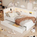Upholstered Twin Size Platform Bed with USB Ports and LED Belt, With Trundle, White