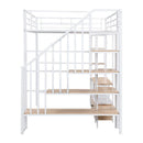 Full Size Metal Loft Bed with Staircase,Low Storage Table and Storage Shelves,White