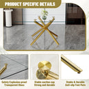 Table and chair set.Modern Luxurious Transparent Tempered Glass Dining Table Set with 8 Chairs.Single Fork Golden Metal Table Legs.Black high-quality PU dining chairs with golden metal legs.
