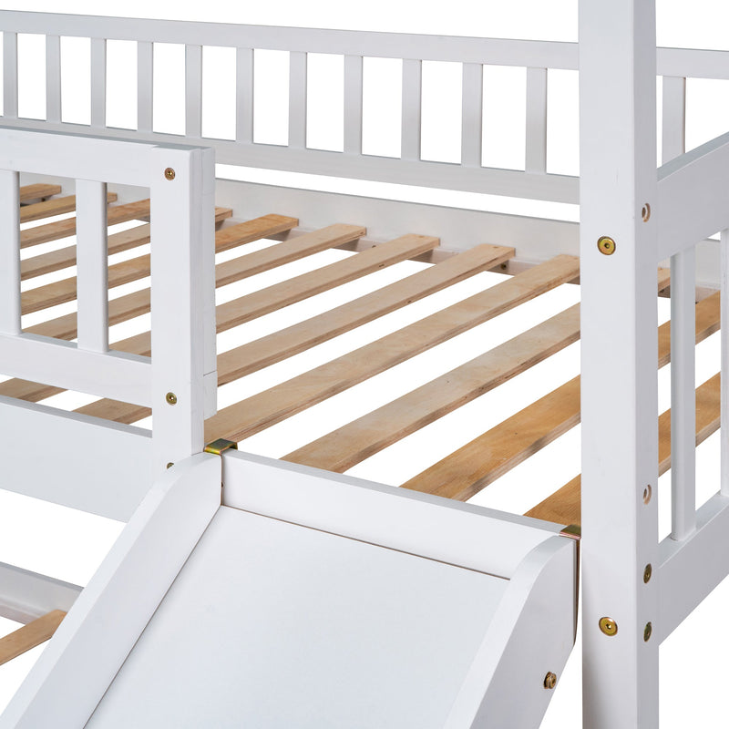 Twin Over Twin Bunk Bed with Slide, House Bed with Slide, White