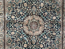 Sino Persian Silk Rug 2x2 ft, Very Fine High KPSI Small Silk Oriental Carpet, Hand-Knotted, Medallion, Vintage Silk Rug, Black Ivory/Cream